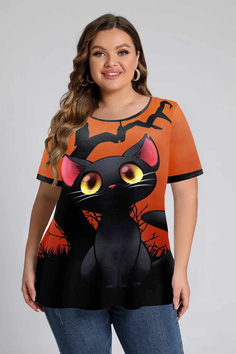 Flycurvy Plus Size Halloween Black Cat Graphic Print Round Neck T-shirt  Flycurvy [product_label]