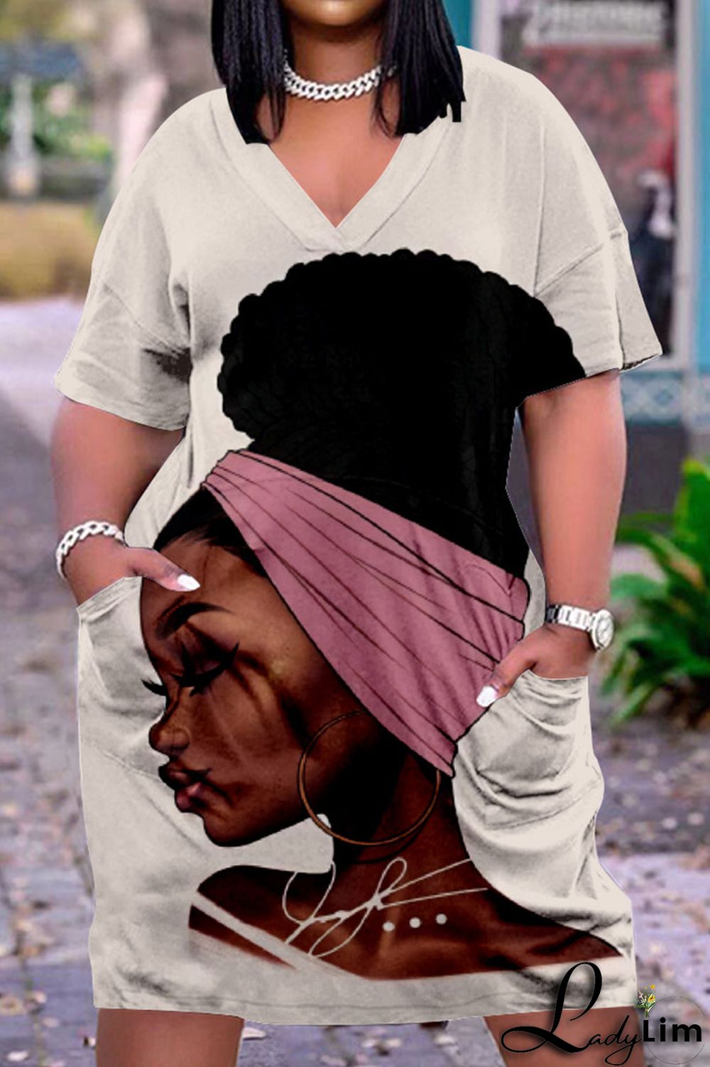 Tangerine Red Fashion Casual Print Basic V Neck Short Sleeve Dress