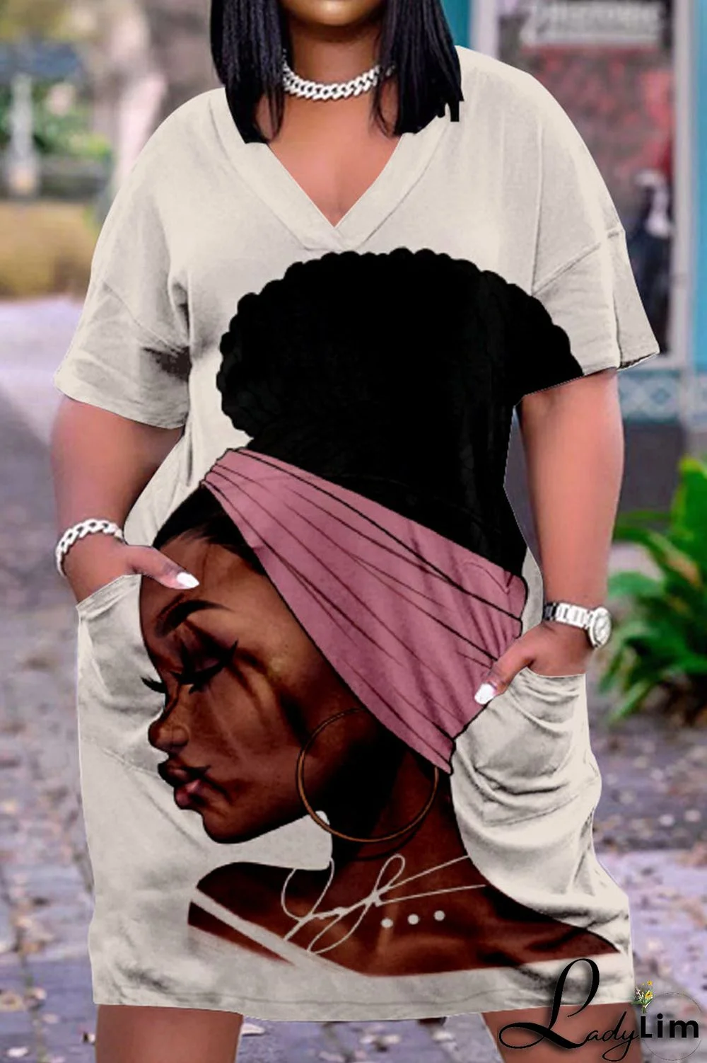 Tangerine Red Fashion Casual Print Basic V Neck Short Sleeve Dress