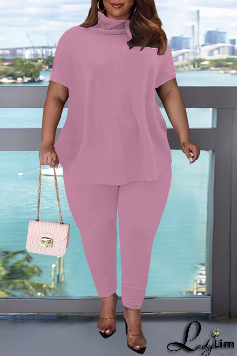 Pink Fashion Casual Solid Basic Turtleneck Short Sleeve Two Pieces