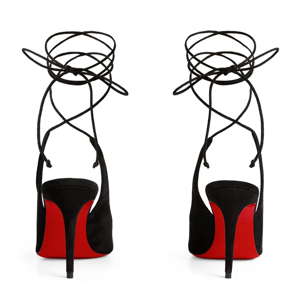 90mm Middle Heels Pointy Toe Strapy Red Bottom Slingback Pumps Suede Sandals-vocosishoes