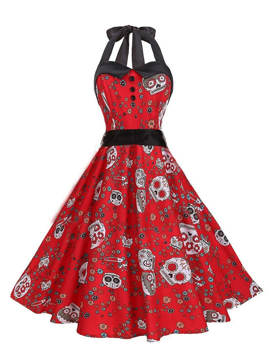 Swing Dresses Halloween Vintage Halter Neckline Tie Midi Floral Dress