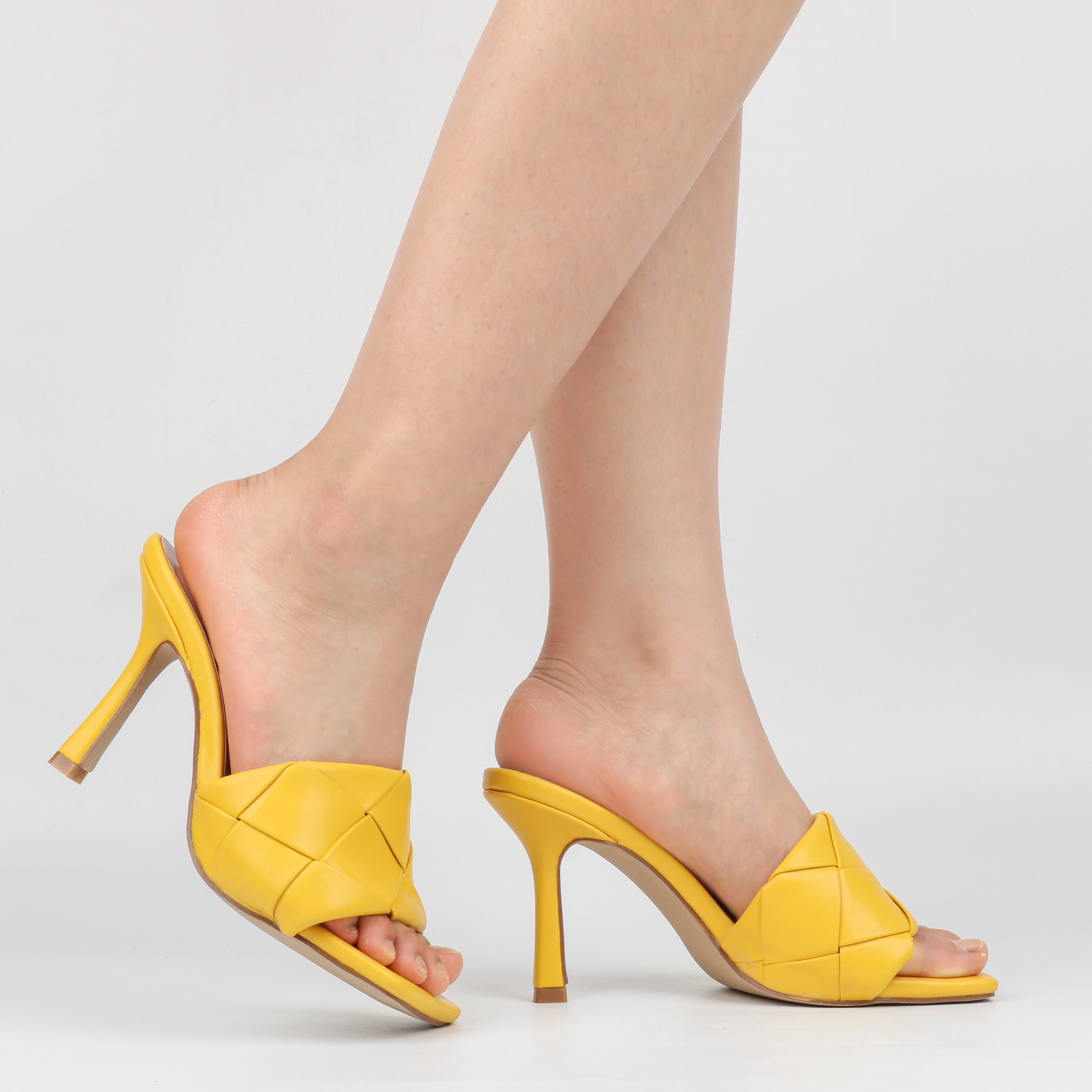 90mm Women's Square Open Toe Sandals Stiletto Heeled Woven Mule Sandals Quilted Backless Classic Daily Slippers-vocosishoes