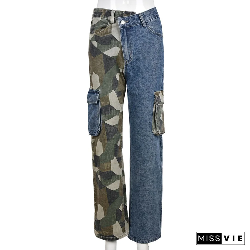 High Waist Patchwork Camouflage Cargo Denim Pants