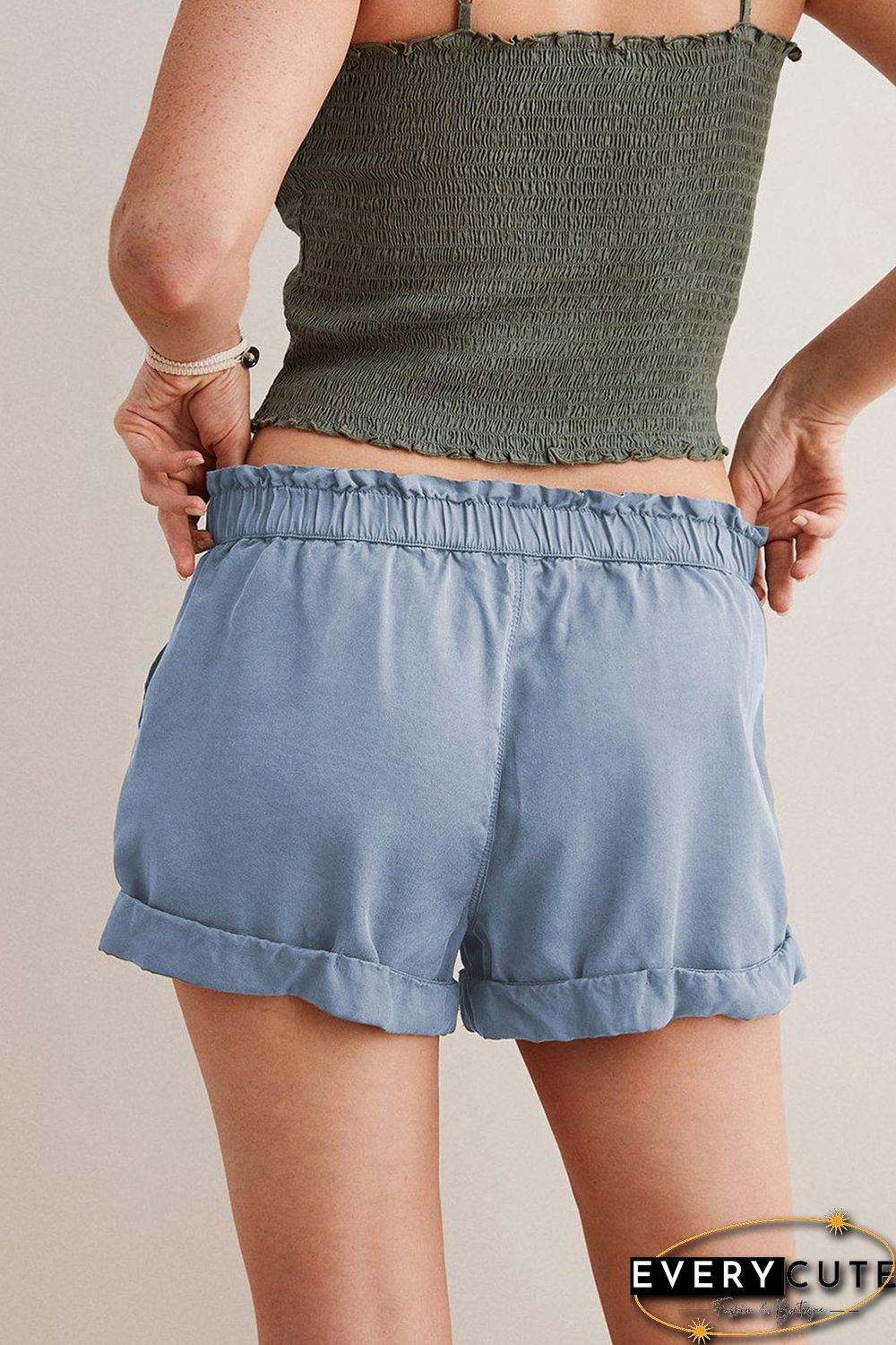 Sky Blue Elastic Waist Camo Print Shorts with Pockets