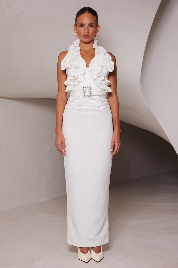 Pleated Ruffled Halter Belted Slim Fit Party Maxi Dresses-White [Pre Order]