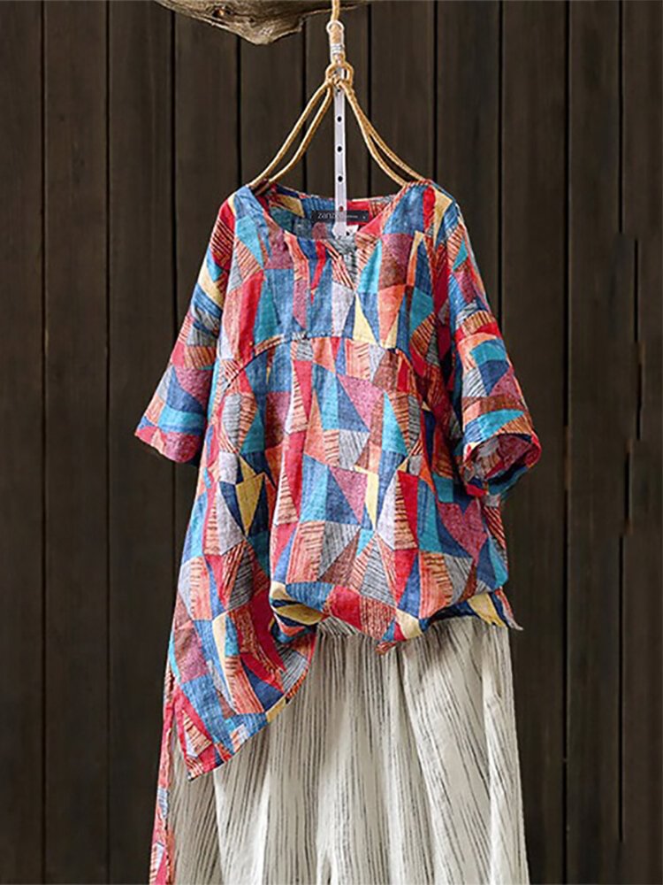 Vintage Print Half Sleeve High Low Shirt P1545329