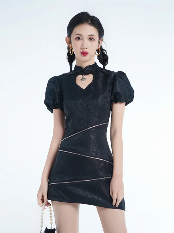 Dark Jacquard Zipper Heart Cutout Bodycon Dress