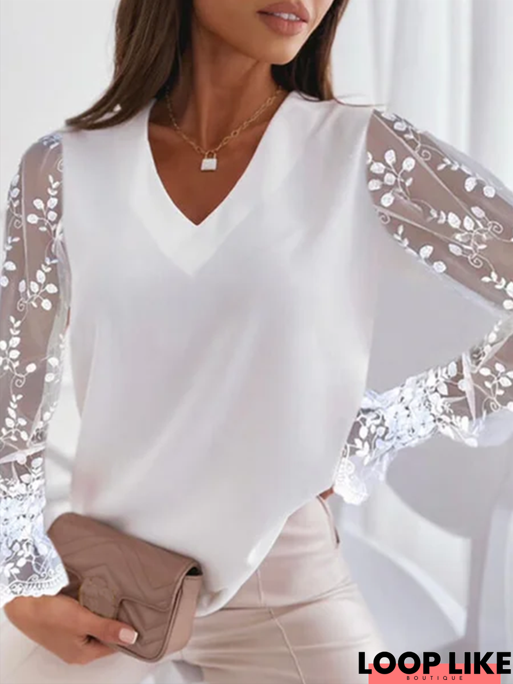 Solid Long Sleeve Paneled Lace V Neck Shirt & Top