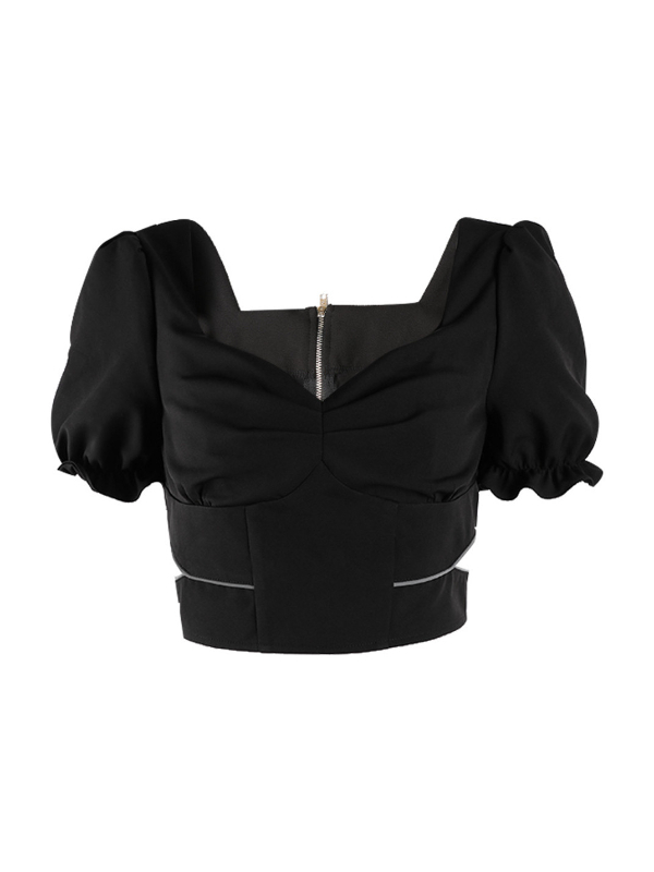 Summer Elegant Zipper Cutout Square Collar Short Balloon Sleeve Crop Top