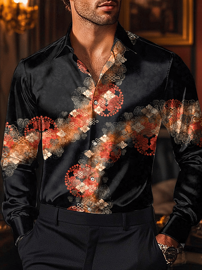 Men's Vintage Business Casual Printed Satin Long Sleeve Shirt 