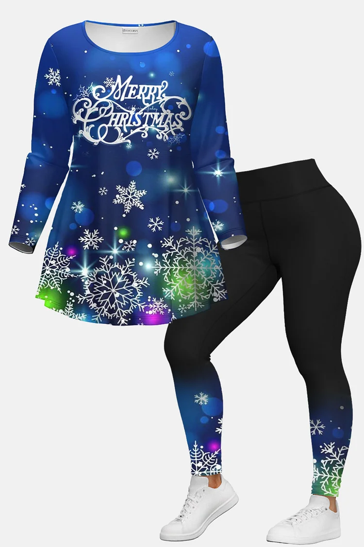 Flycurvy Plus Size Christmas Blue Snowflake Sparkly Print Long Sleeve Two Piece Pant Set  Flycurvy [product_label]