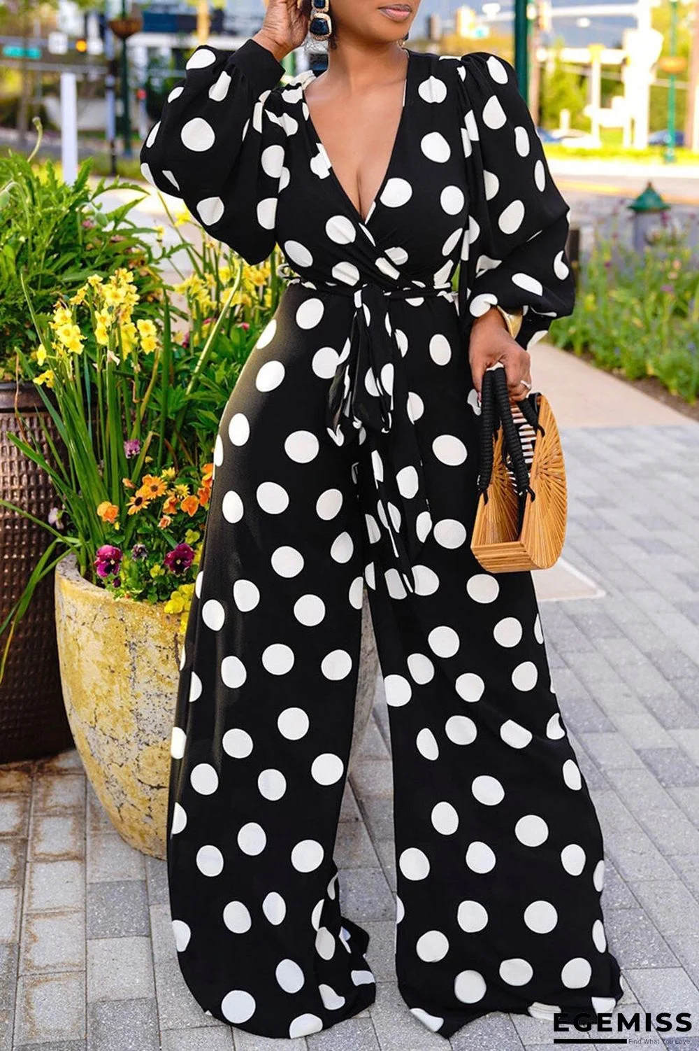 Black Fashion Vacation Polka Dot Bandage V Neck Loose Jumpsuits | EGEMISS