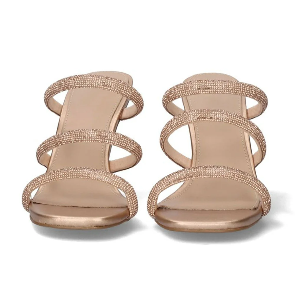 Gold Square Toe Sculptural Heel Slide Sandals Women with Rhinestone