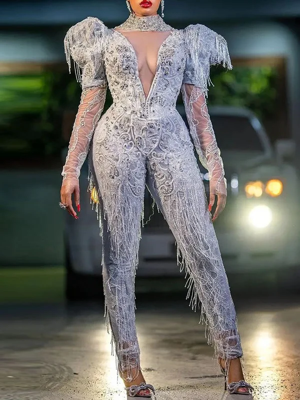 Fashion Stand Collar Sequined Tasseled See-Through Jumpsuits