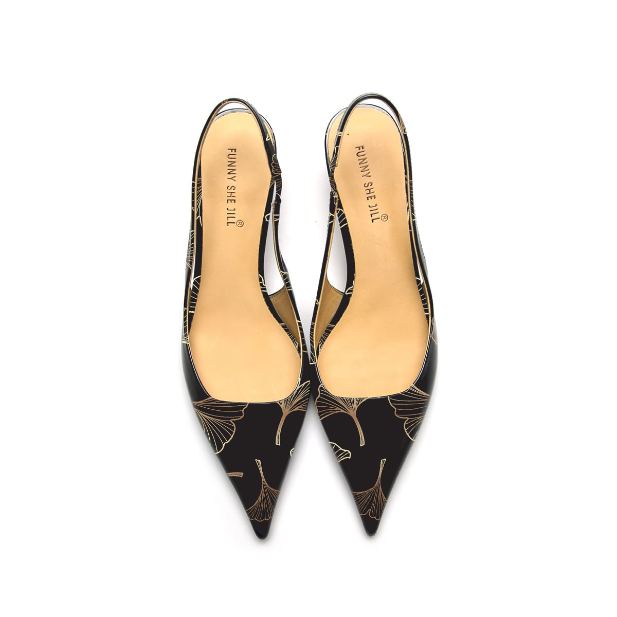 Black Ginkgo Leaf Pattern Patent Leather Pointed Toe Elegant Kitten Heel Slingback Dress Pump Shoes