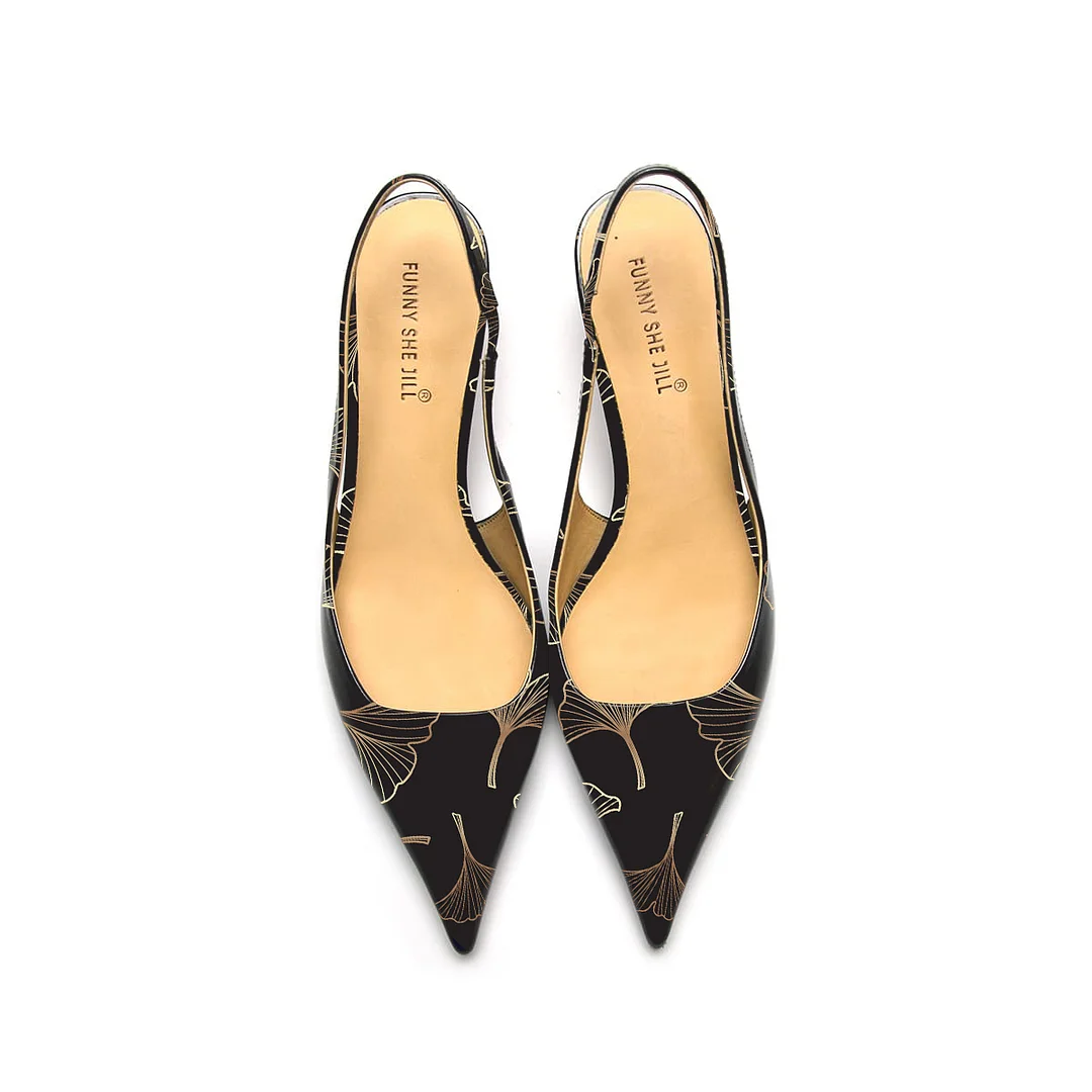 Black Ginkgo Leaf Pattern Patent Leather Pointed Toe Elegant Kitten Heel Slingback Dress Pump Shoes Nicepairs
