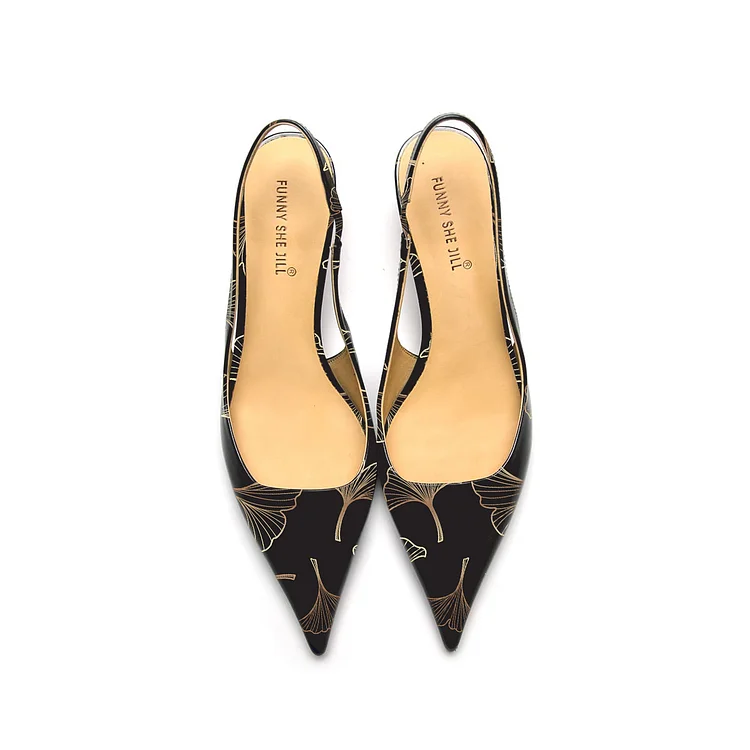 Black Ginkgo Leaf Patent Leather Kitten Heel Slingback Dress Shoes Vdcoo