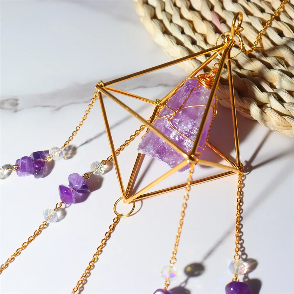 Crystal Wind Chimes Natural Stone Prism Light Catcher Garden Decor (Purple)