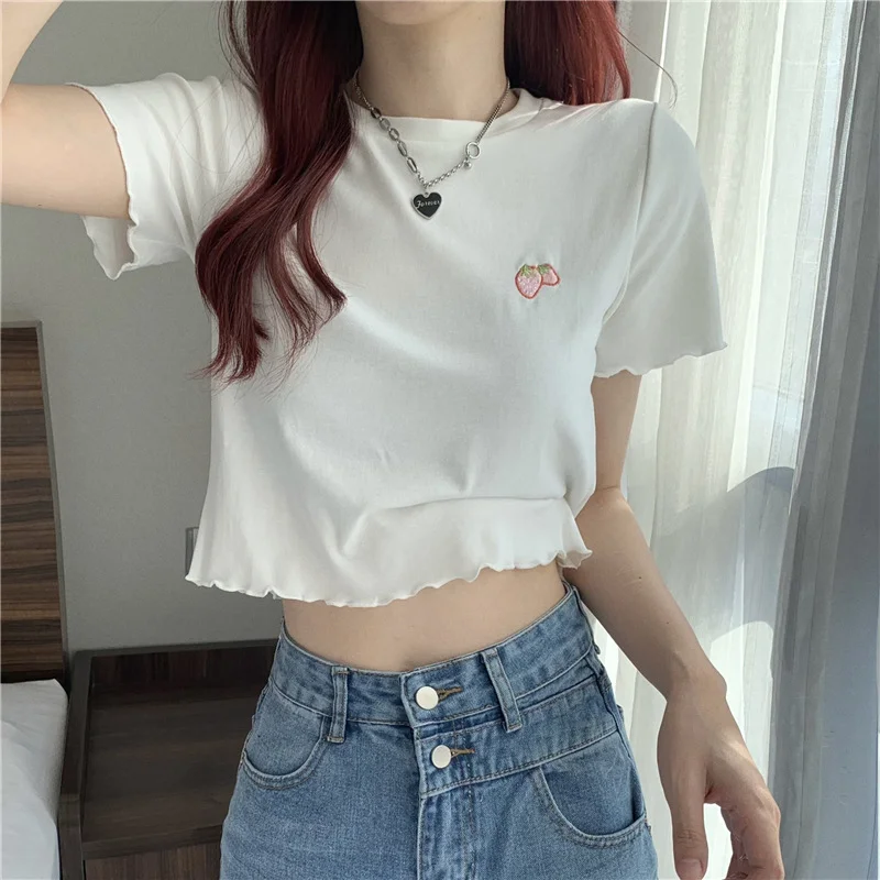 Brownm Brownm Hot Girl Crop Short Style Student Jacket 2024 Summer New Short Sleeve Embroidery Wooden Ear Slim T-Shirt Female Tide