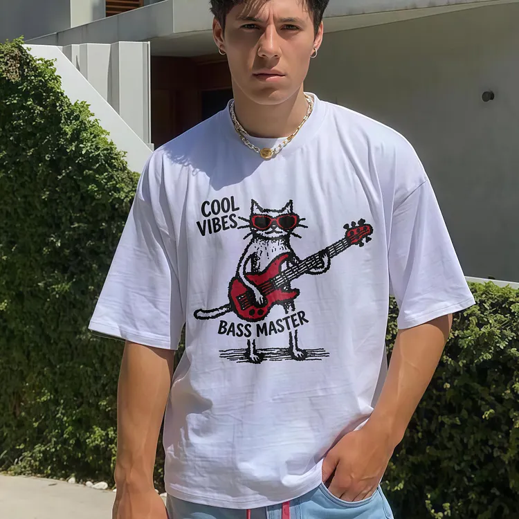 Cool Vibes Bass Master Cat Playing Red Bass Guitar With Sunglasses Printed Men's T-shirt