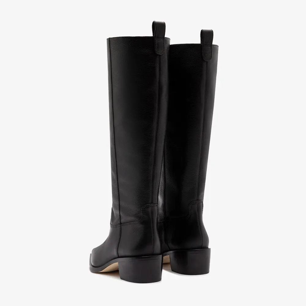 Women's Black Pointed Toe Mid Block Heel Fashion Knee High Boots