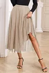 Women's Elegant Apricot Tulle Mesh Overlay Flared Midi Skirt