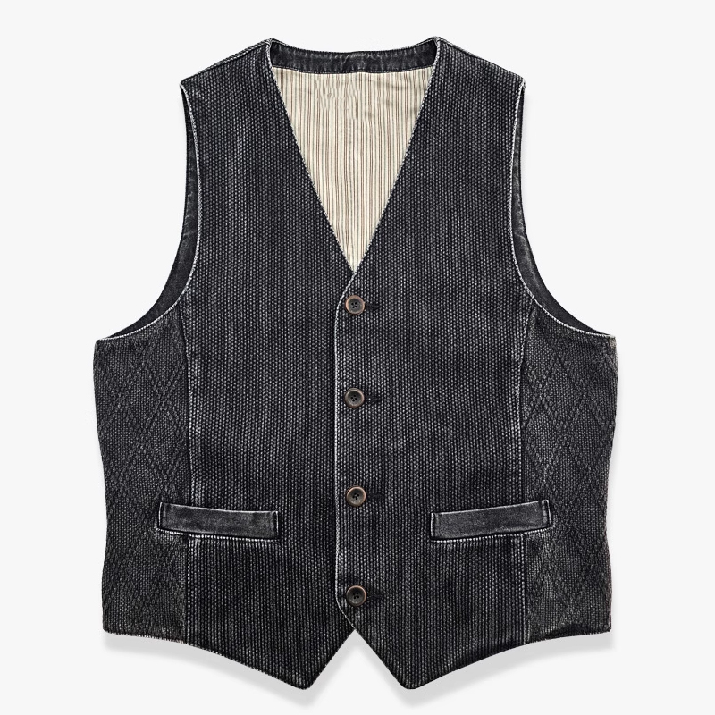 Men's Vintage Western Black Discharge Single Breasted Vest