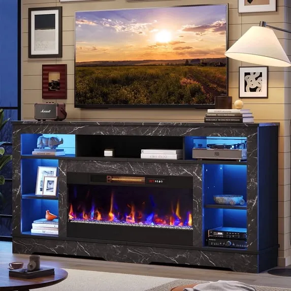 Bestier 71" Fireplace TV Stand with 36" Electric Fireplace, LED Lighting, and Storage Entertainment Center Console Table for TVs up to 80"