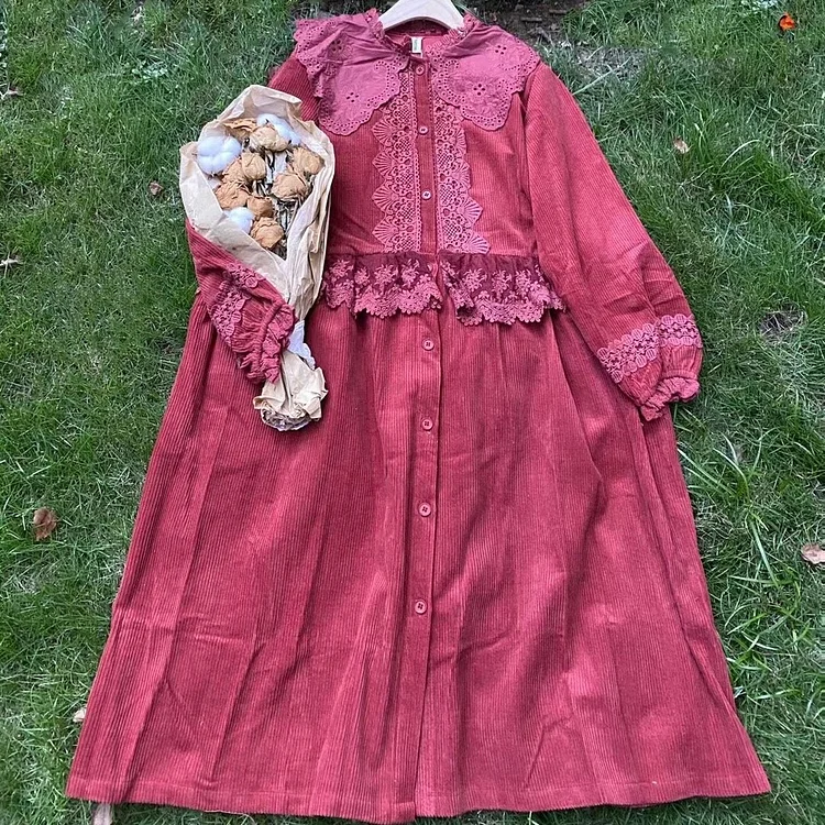Queenfunky cottagecore style Royalcore Lace Embroidered Corduroy Coat/Dress QueenFunky