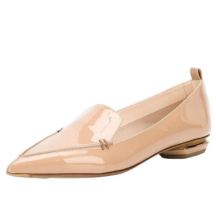 Nude Patent Leather Loafers for Women Trendy Pointy Toe Flats |FSJ Shoes