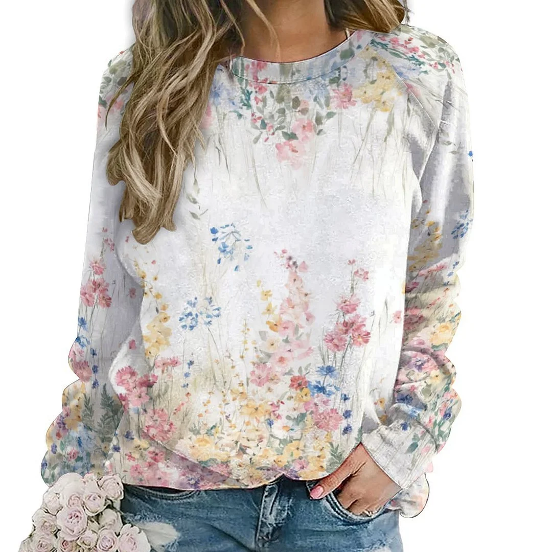 Printed Long Sleeve Casual Sweatshirt for  Women and Men Unisex Pattern Floral, Blue, Pink, Colorful