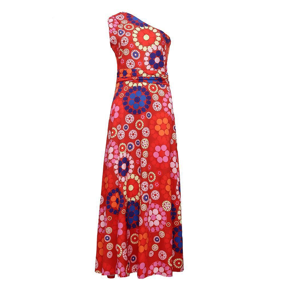 Fashion Floral Printed One Shoulder Maxi Dress-vocosishoes