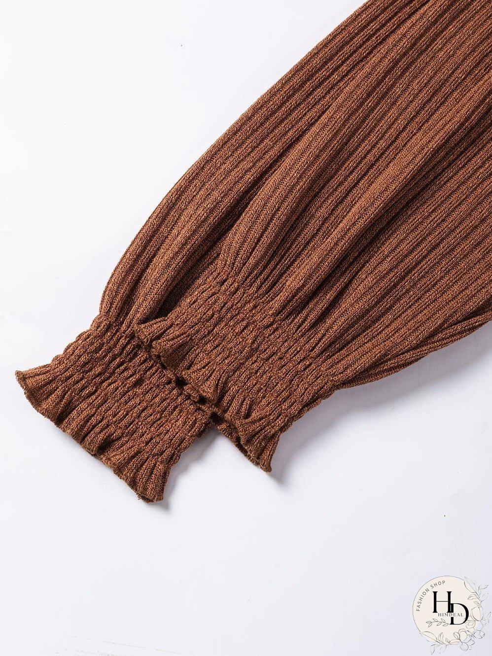 Chestnut Textured Knit Drop Shoulder Ruffled Sleeve Top