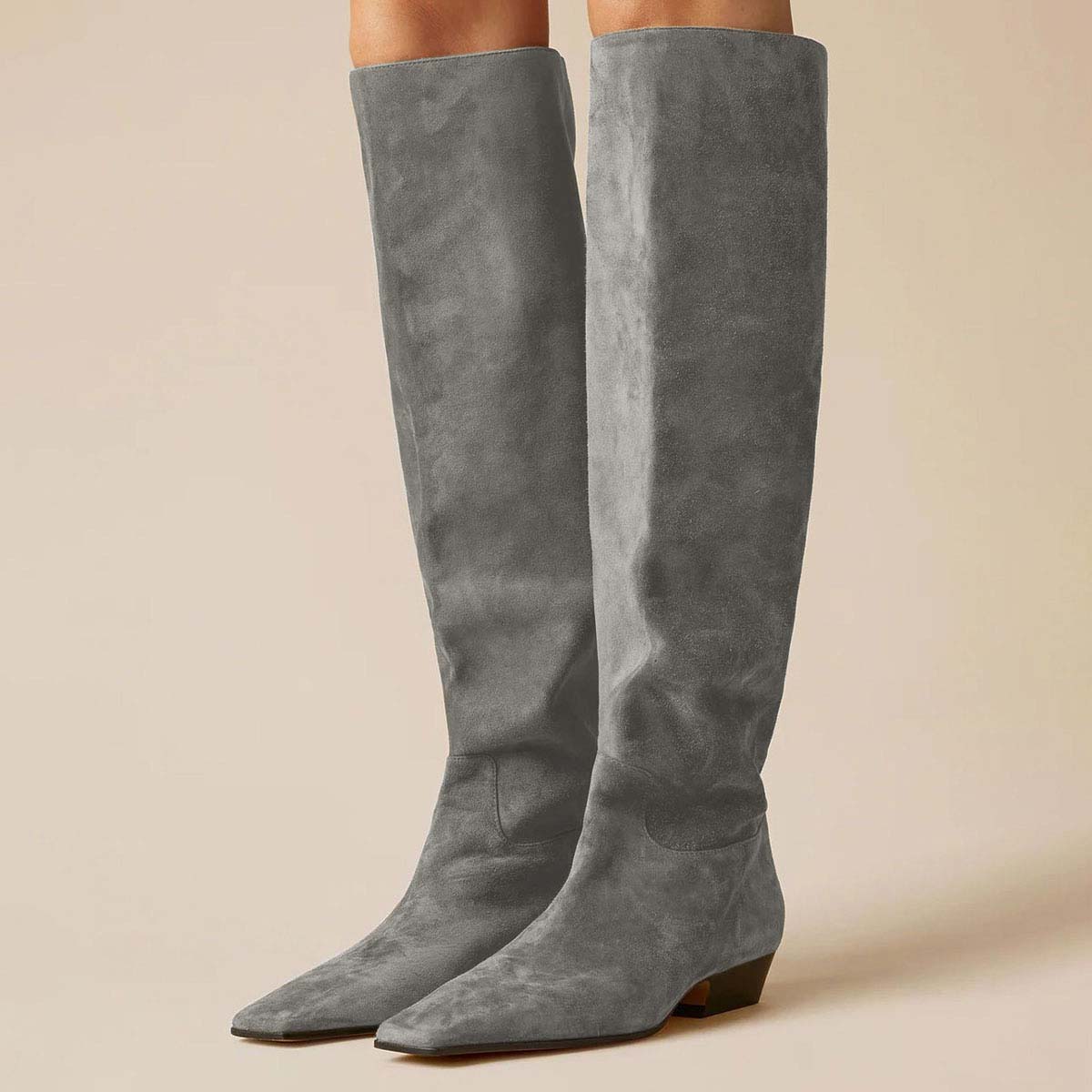 Grey Vegan Suede Square Toe Low Heel Knee-High Tall Boots for Women Nicepairs