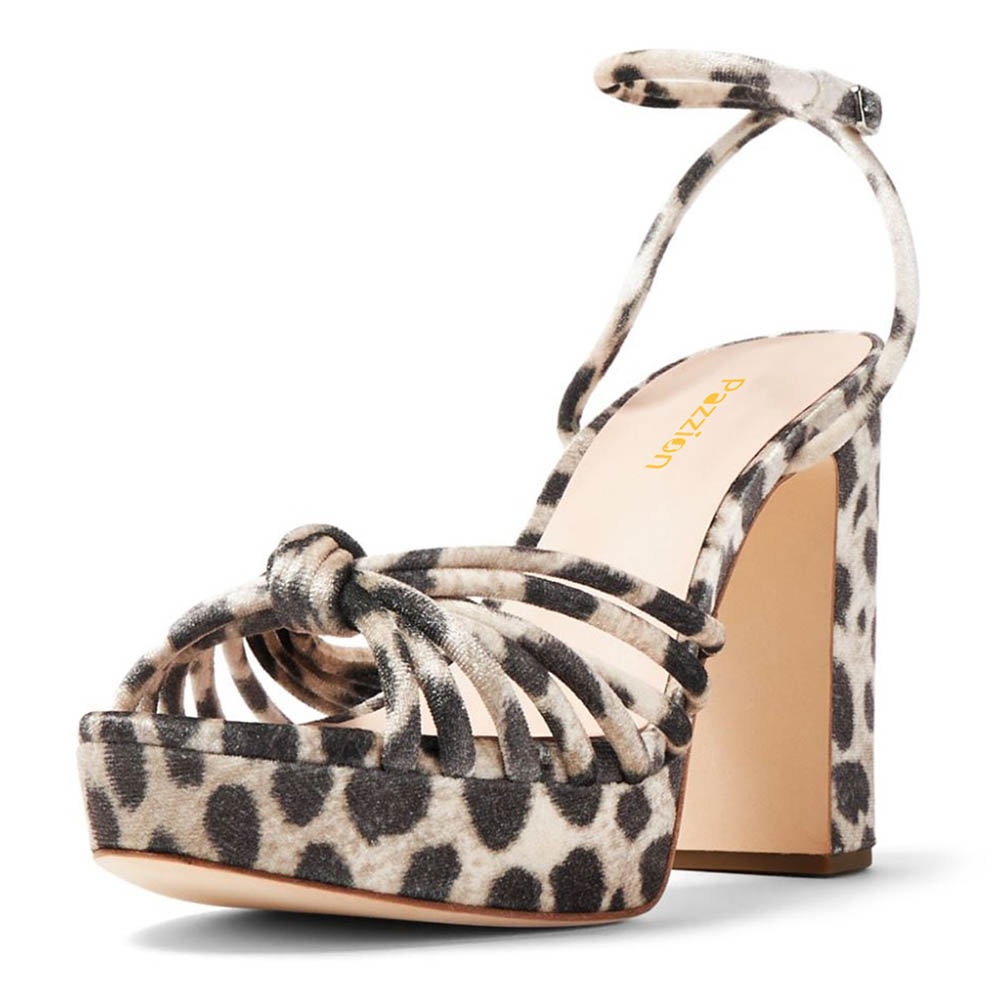  Black & Beige Leopard Print Ankle Strap Platform High Heels Sandals Nicepairs