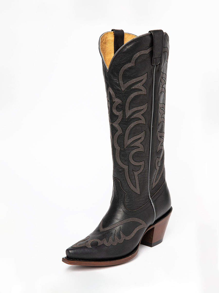 Black Chunky Heel Side Loop Embroidered Knee-High Cowgirl Boots
