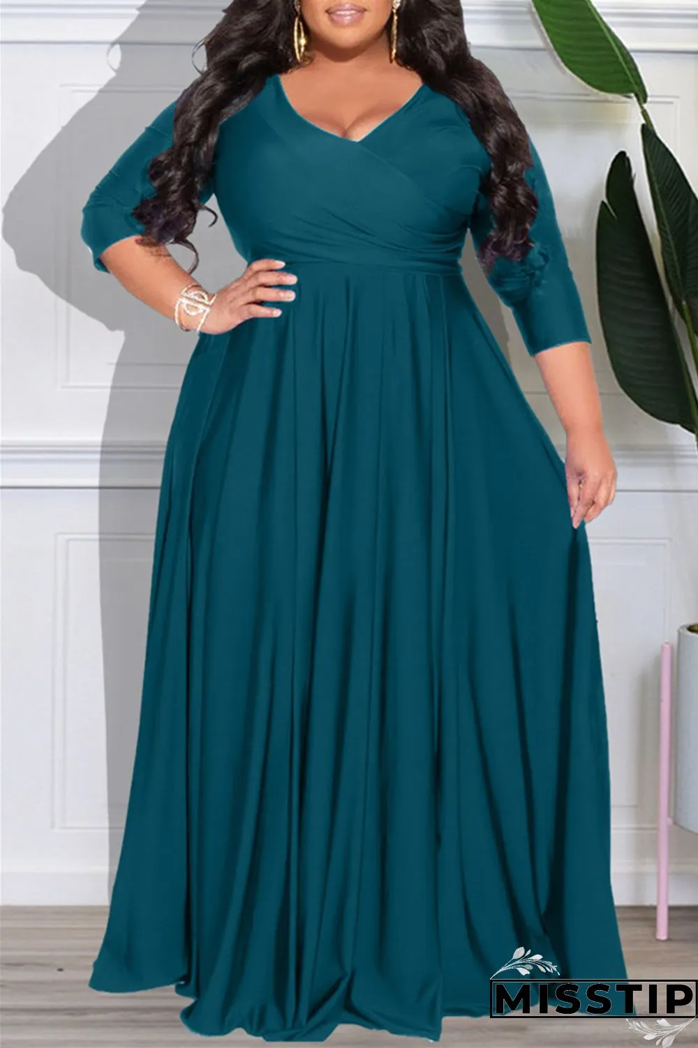 Dark Purple Casual Solid Patchwork V Neck Long Sleeve Plus Size Dresses