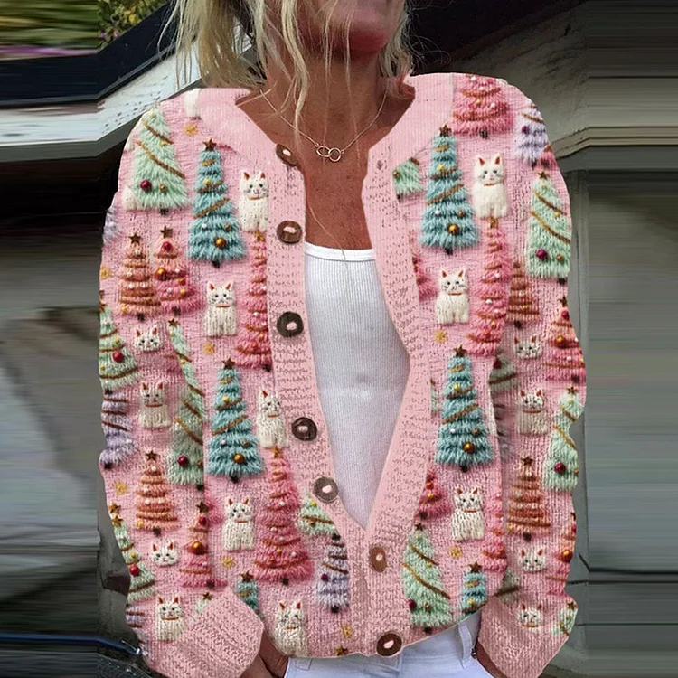 Women's Christamas Tree And Cat Print Cozy Knit Cardigan
