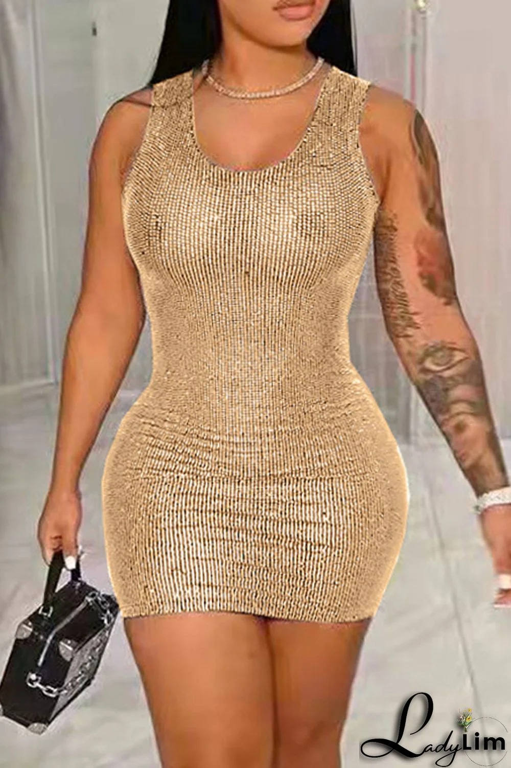 Gold Fashion Sexy Solid Sequins Patchwork O Neck Vest Dress