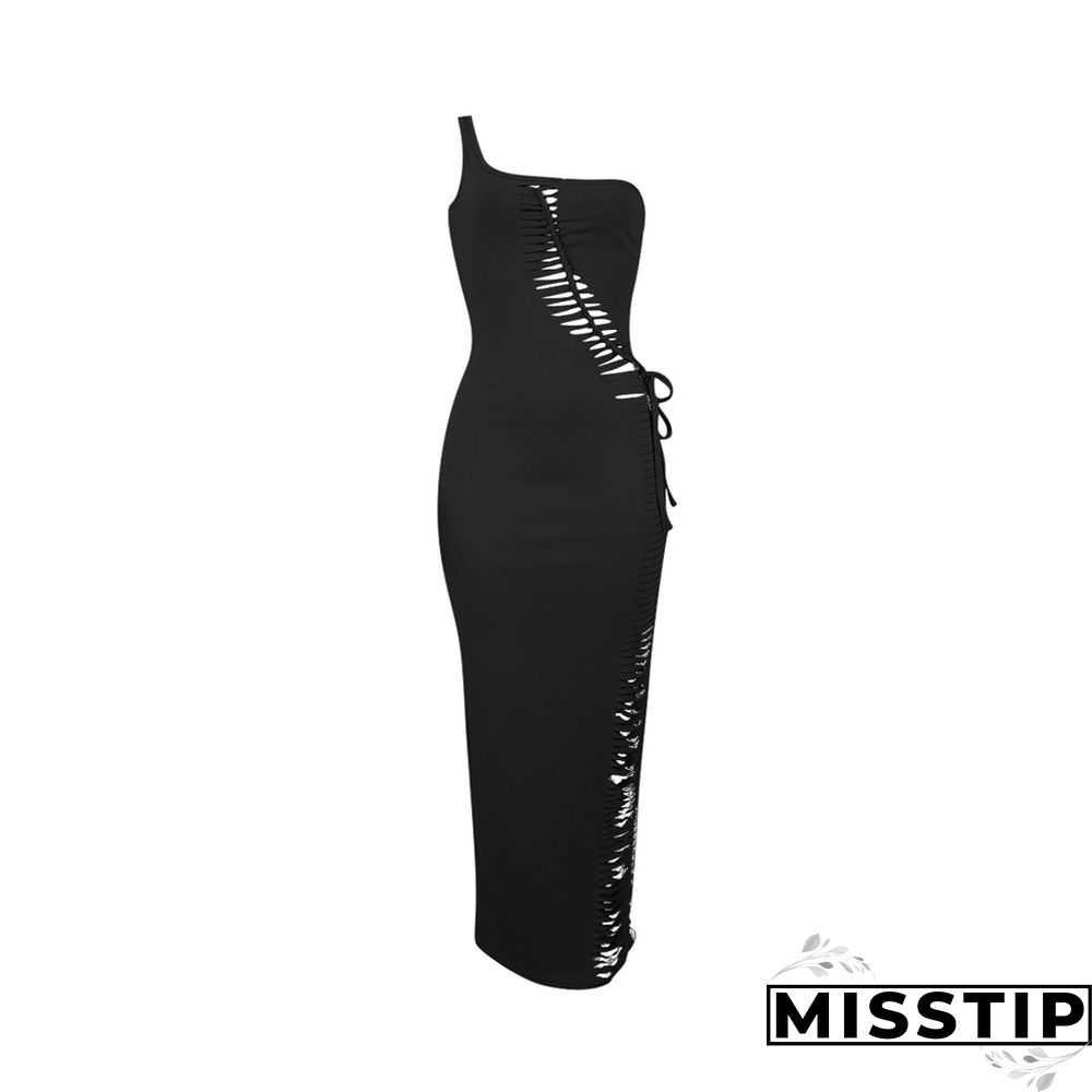 One Shoulder Sleeveless Cut Out Lace Up Maxi Dress