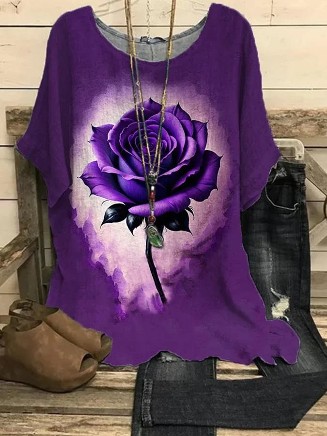Alzheimer's Awareness Purple Rose Printed Women's Casual Top socialshop