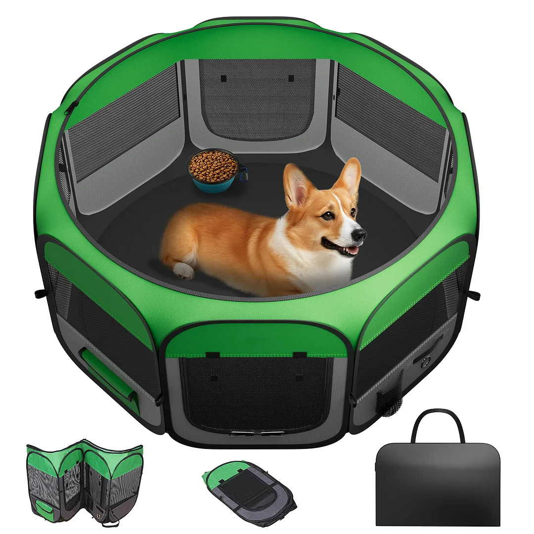 Upgraded Pet Dog Playpen for Small/Medium/Large Dogs Indoor/Outdoor, 600D Oxford Fabric Green Portable Cat Playpen Enclosed with Removable Zipper Top and Bottom（M）