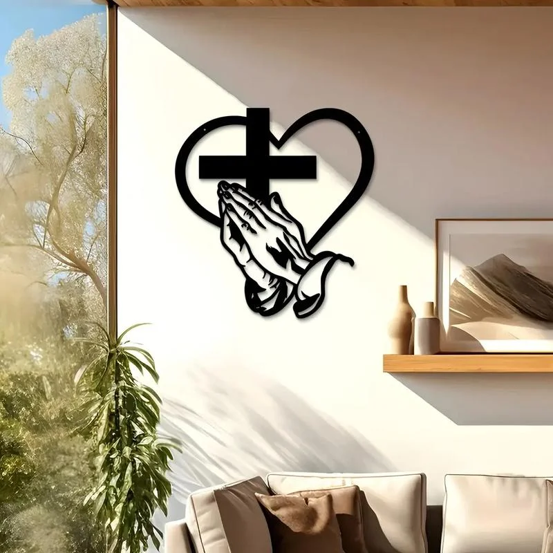 Elegant Metal Christian Heart & Cross Wall Art