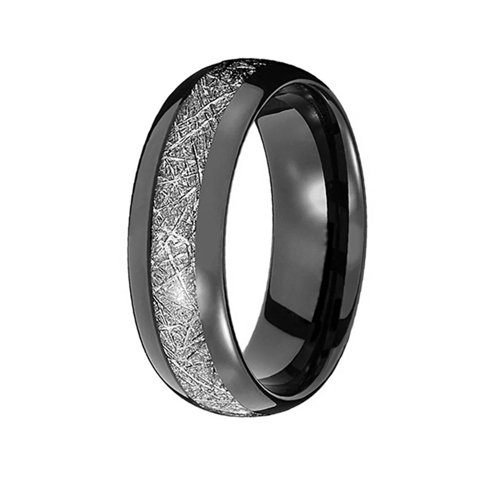 6MM 8MM Men Silver Meteorite Inlay Black Tungsten Carbide Engagement Wedding Bands