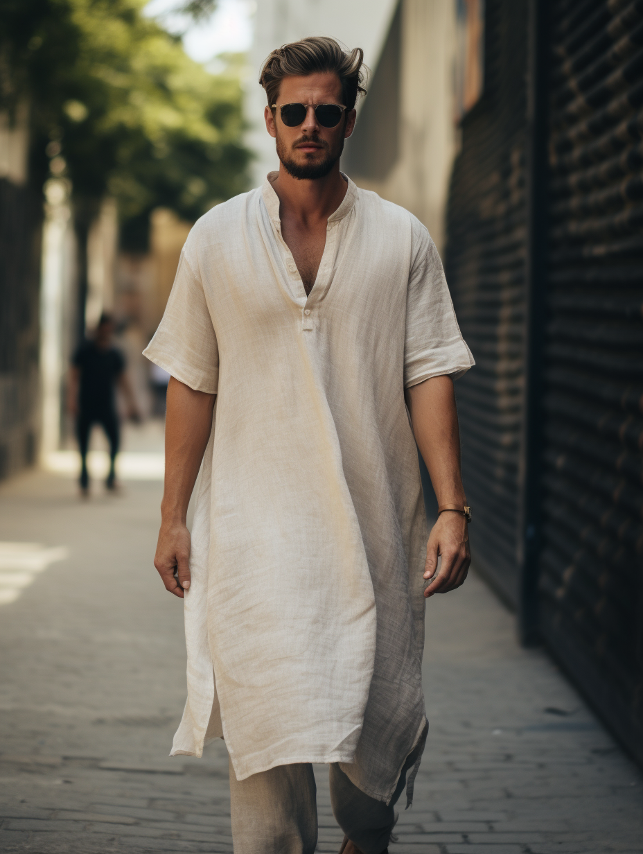 Beige Men Linen Kaftan Solid Long Caftan