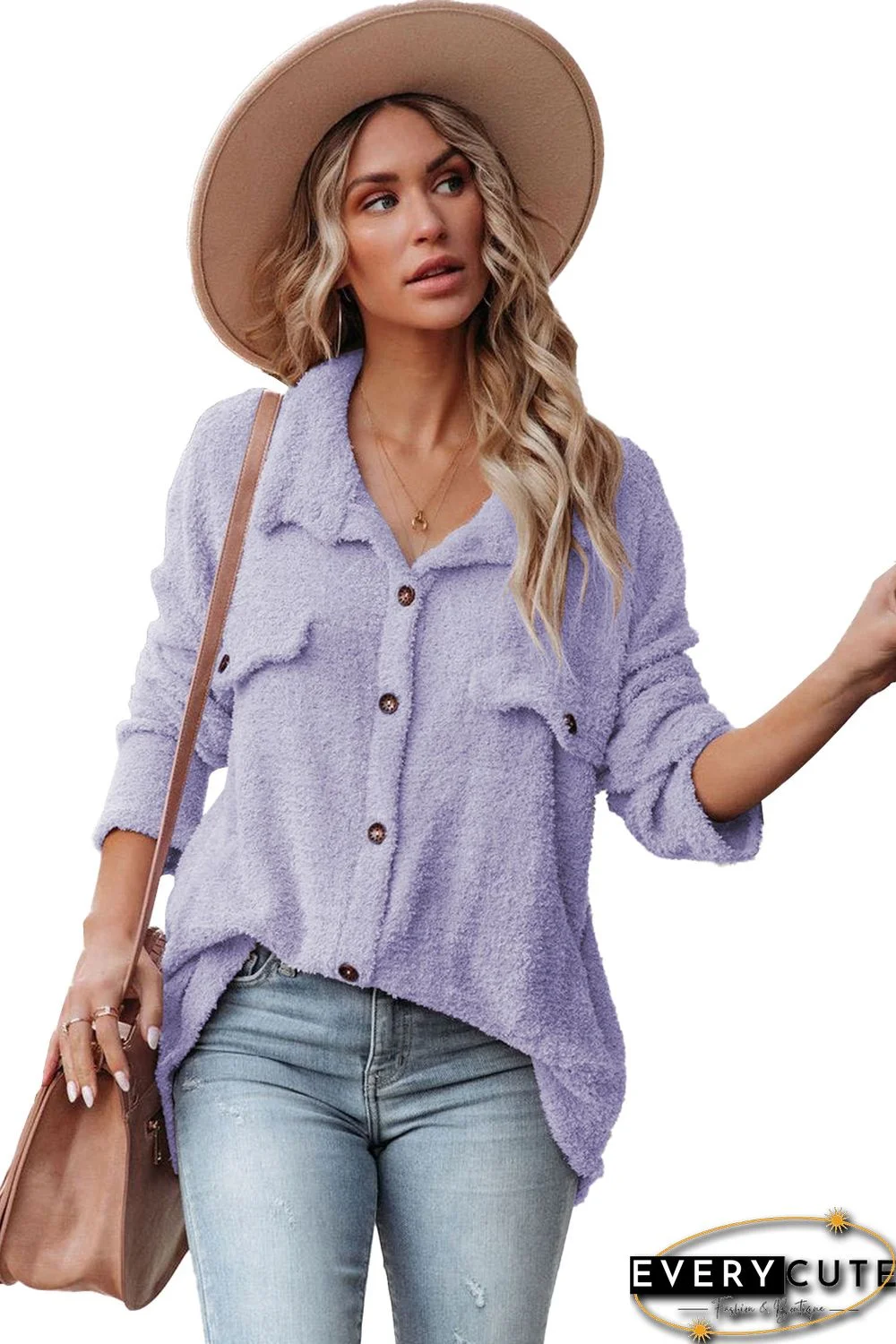 Purple Plush Button Down Pocketed Shirt Jacket