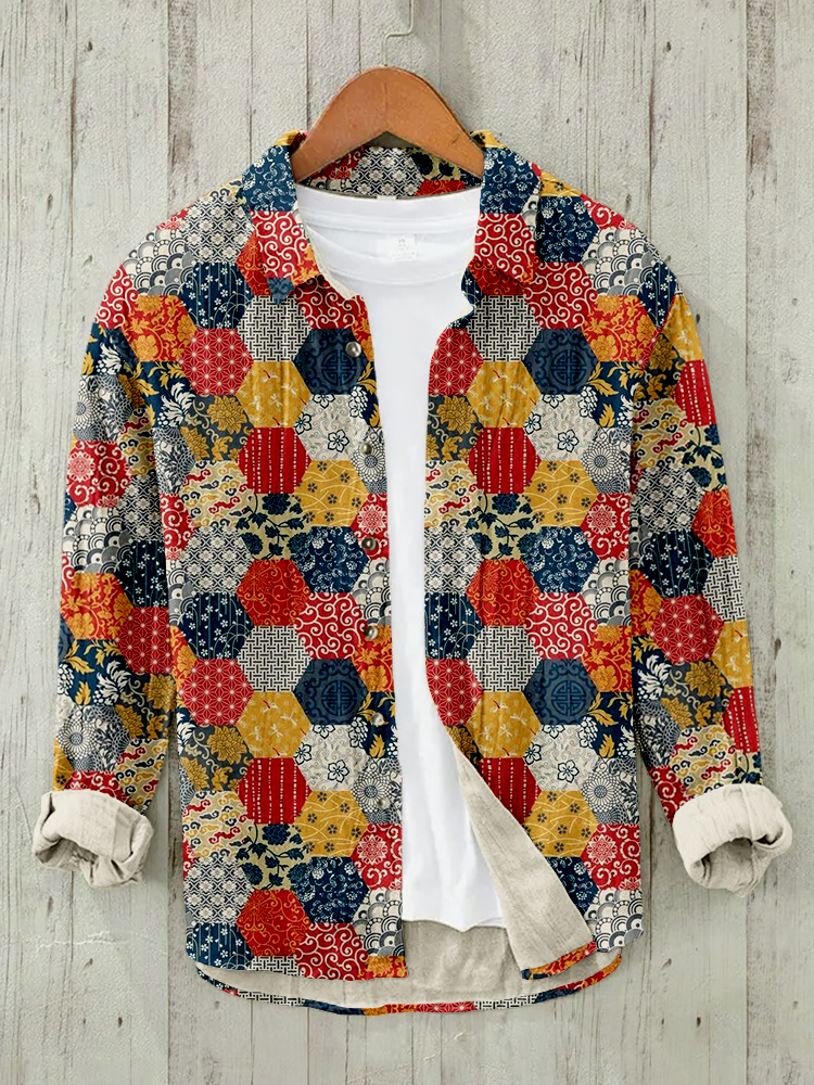 menweary Traditional Japanese Patchwork Pattern Linen Blend Blouse