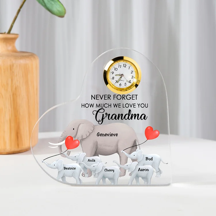 A la familia-Placa acrílica en forma de corazón elefantes con un reloj 1 texto 6 nombres personalizados