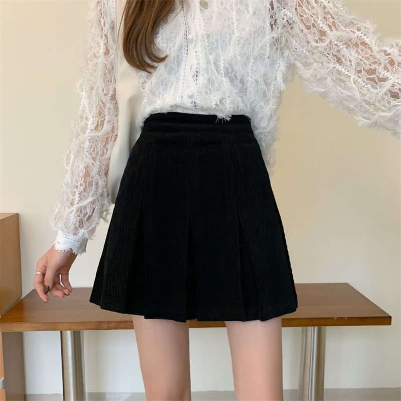 HOUZHOU Vintage Corduroy Pleated Skirt Women Autumn Winter Korean Fashion Preppy Style High Waisted Kawaii Casual Mini Skirts